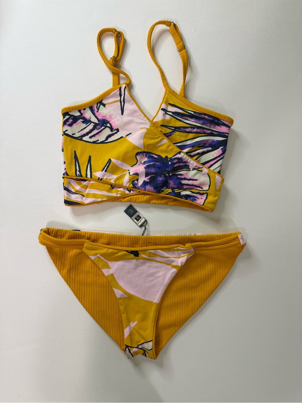 Maaji ribbed floral wrap bikini yellow swim suit woman Small reversible tropical